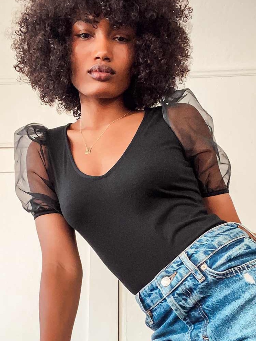 Lulu's Black V-Neck Bodysuit with Sheer Puff Sleeves